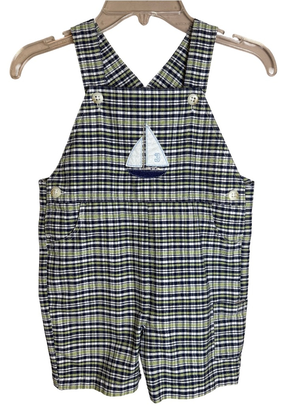 Vintage Parisian Kids Sailboat Short Blue Green Plaid Overalls Boys 3T